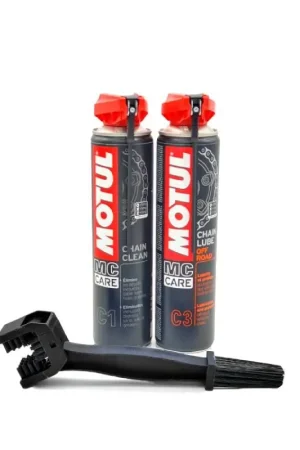 Kit Entretien Chaîne Motul Off-Road - Chain Clean C1 + Chain Lube C3 + Brosse Authentique
